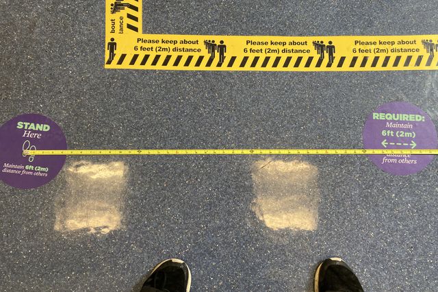 NYU placed stickers only three and half feet apart reminding students to stand six feet away from each other.